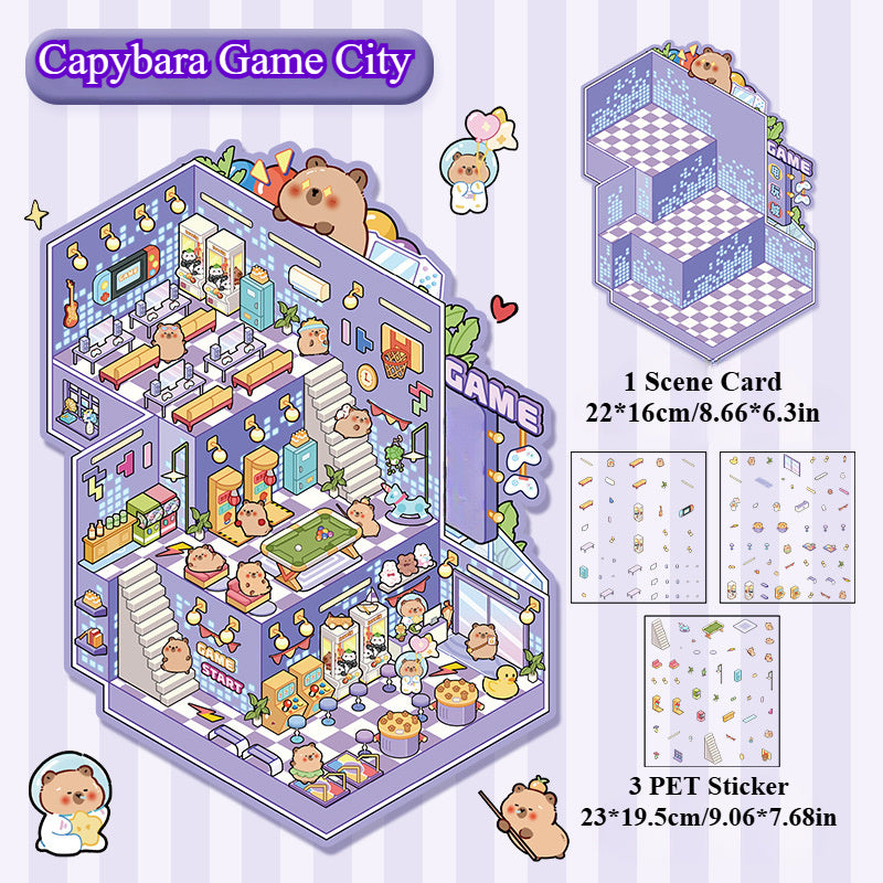 Extra-Large Size 3D Miniature Scene Stickers - Capybara & Cream Bear & Rabbit & Panda