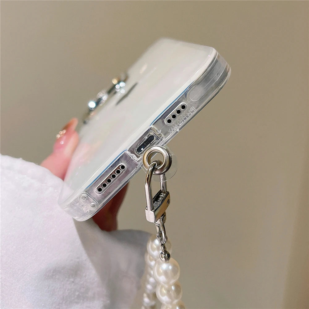 Cute Love Heart Jewelry Pearl Chain Wrist Strap Dreamy Shell Case Laser Glitter Marble Cover