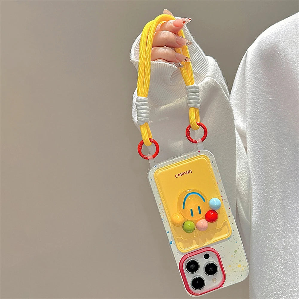 Cute 3D Colorful Happy Ball Wallet With Chain Phone Case Card Lanyard Cover
