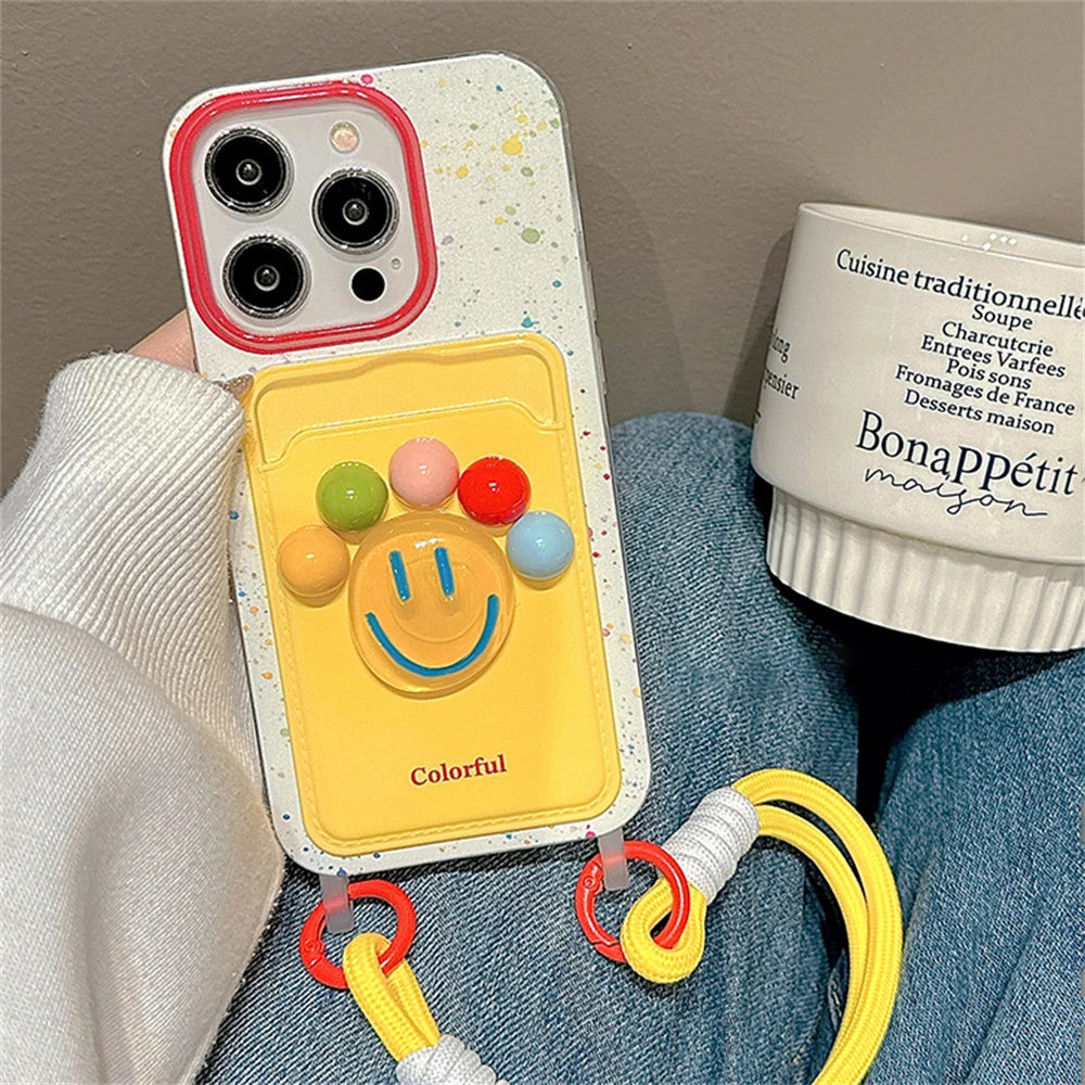Cute 3D Colorful Happy Ball Wallet With Chain Phone Case Card Lanyard Cover