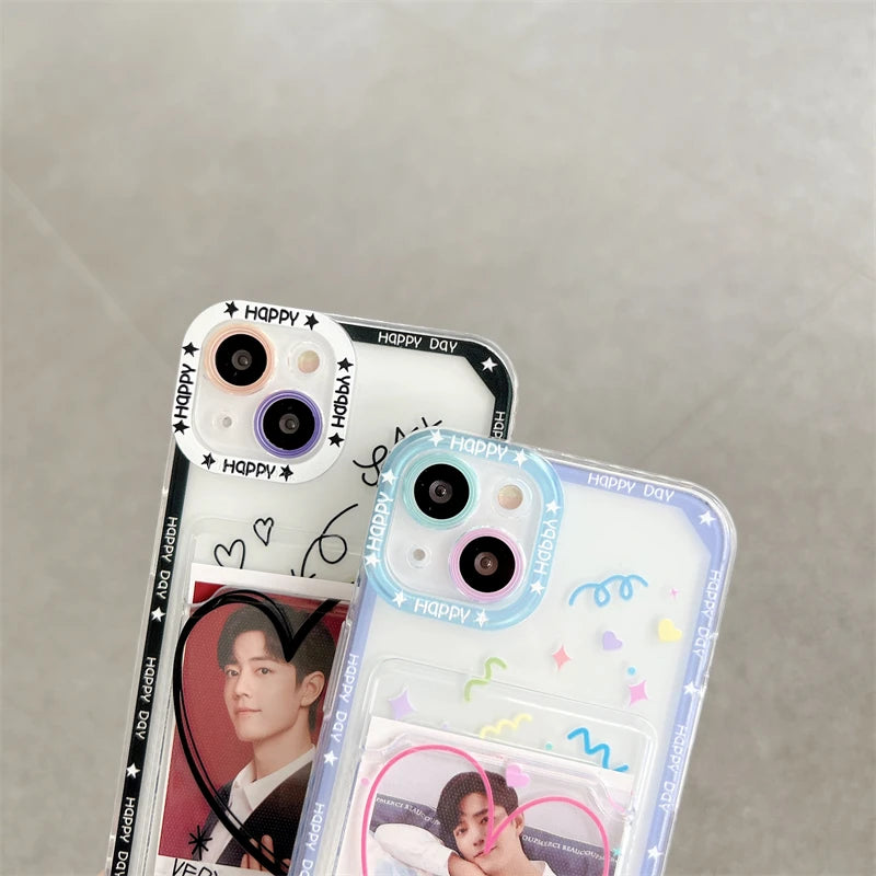 Sweet Heart Card Photo Holder Phone Case Clear Wallet Pocket Couple Bumper