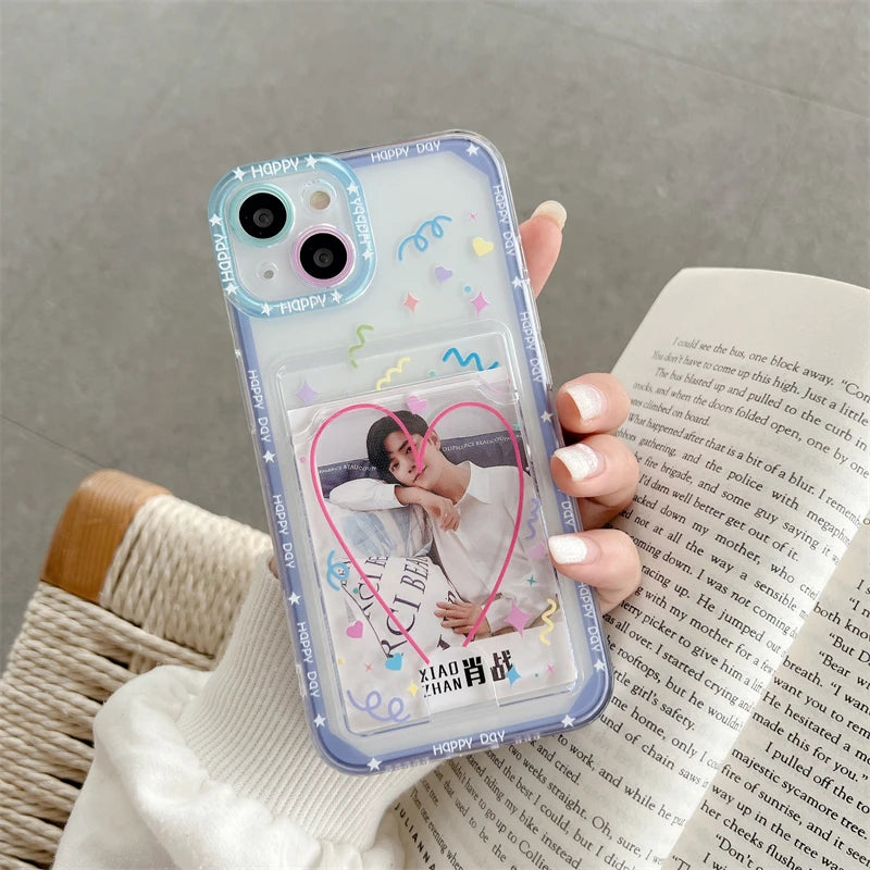Sweet Heart Card Photo Holder Phone Case Clear Wallet Pocket Couple Bumper