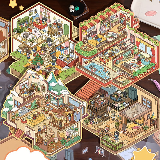 Cartoon Themed Miniature DIY Scene Stickers - Cozy House & Vintage House & Leisure Life & Winter House Party