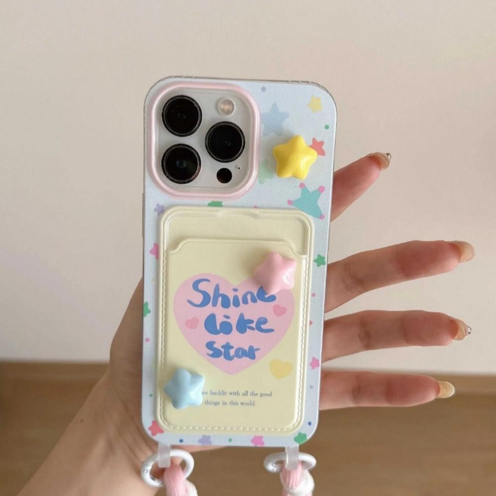 3D colorfulor stars cute phone case card holder pink rope fundas