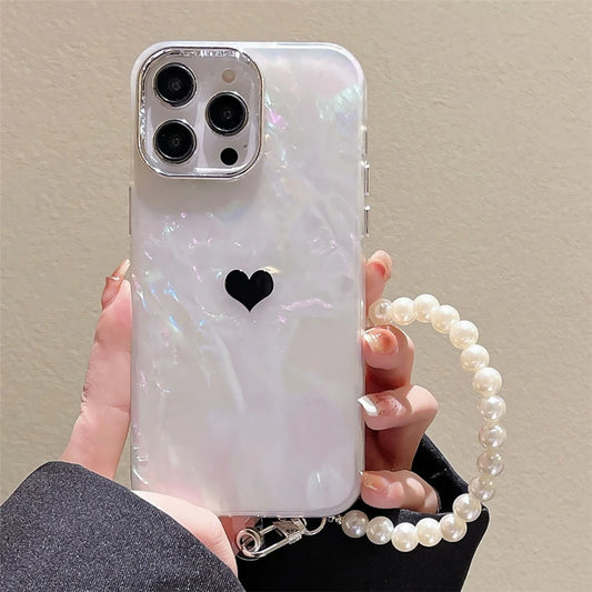 Cute Love Heart Jewelry Pearl Chain Wrist Strap Dreamy Shell Case Laser Glitter Marble Cover
