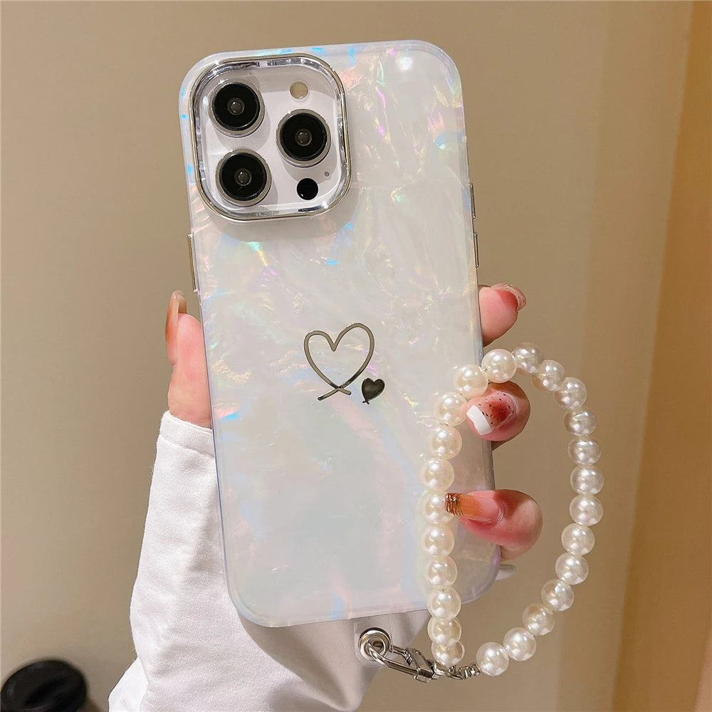 Cute Love Heart Jewelry Pearl Chain Wrist Strap Dreamy Shell Case Laser Glitter Marble Cover