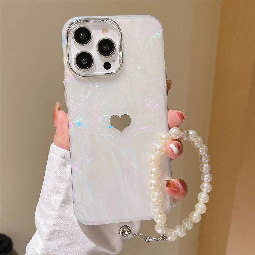 Cute Love Heart Jewelry Pearl Chain Wrist Strap Dreamy Shell Case Laser Glitter Marble Cover