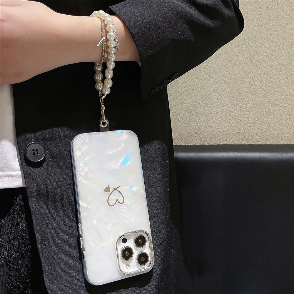 Cute Love Heart Jewelry Pearl Chain Wrist Strap Dreamy Shell Case Laser Glitter Marble Cover