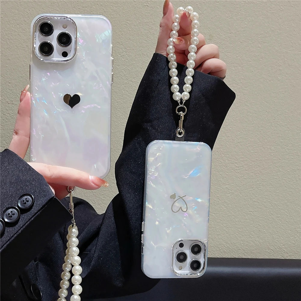 Cute Love Heart Jewelry Pearl Chain Wrist Strap Dreamy Shell Case Laser Glitter Marble Cover