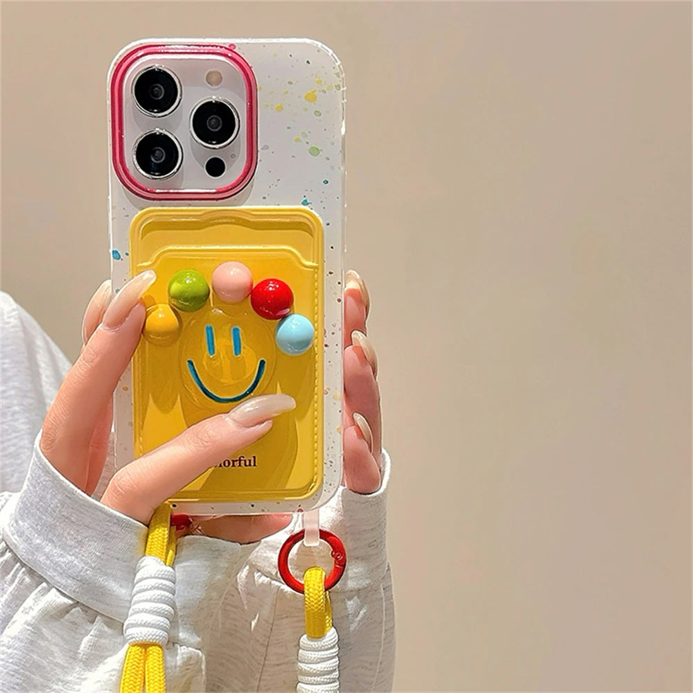 Cute 3D Colorful Happy Ball Wallet With Chain Phone Case Card Lanyard Cover