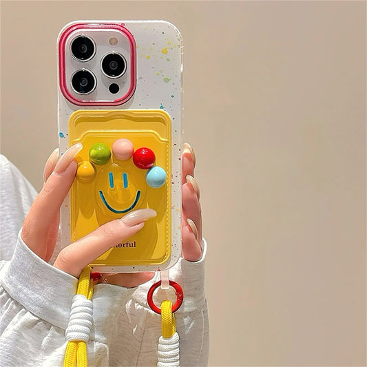Cute 3D Colorful Happy Ball Wallet With Chain Phone Case Card Lanyard Cover