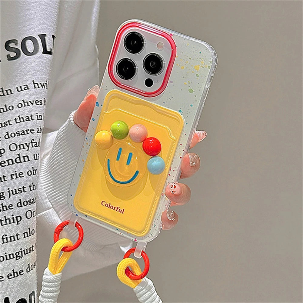 Cute 3D Colorful Happy Ball Wallet With Chain Phone Case Card Lanyard Cover
