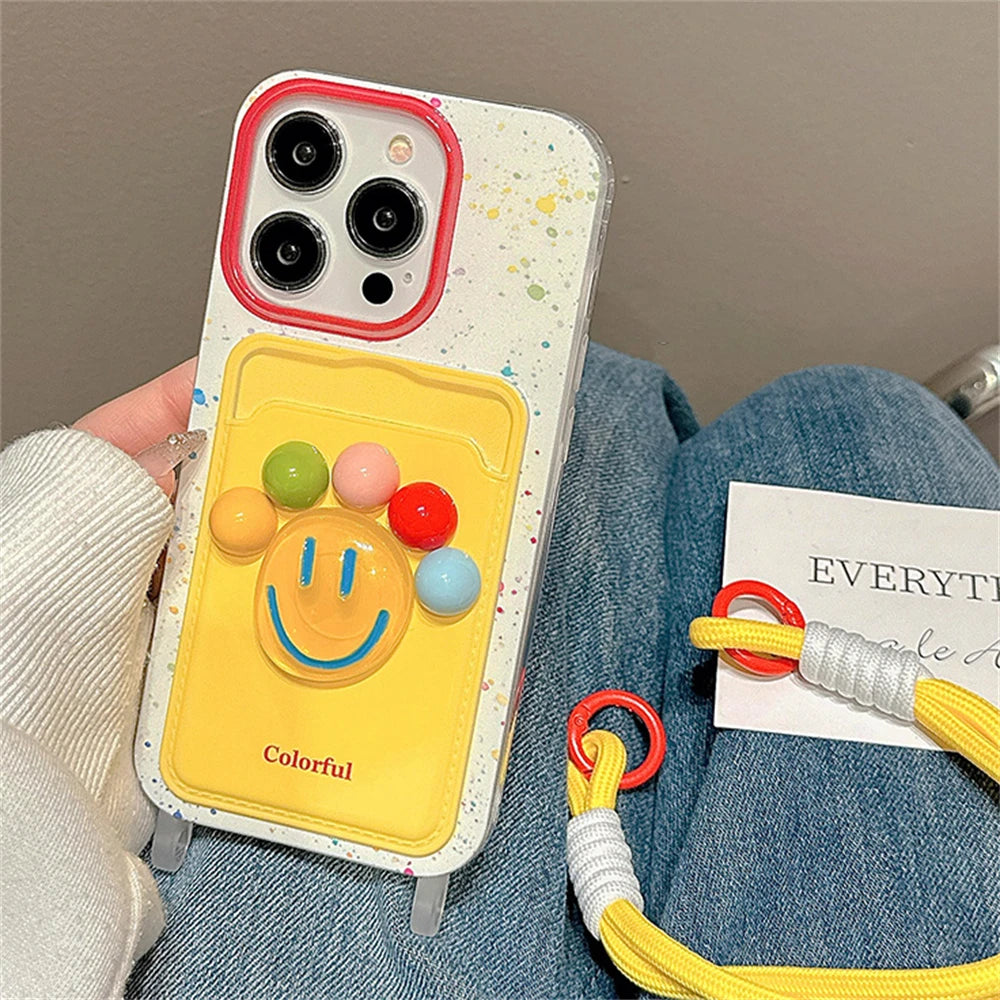 Cute 3D Colorful Happy Ball Wallet With Chain Phone Case Card Lanyard Cover