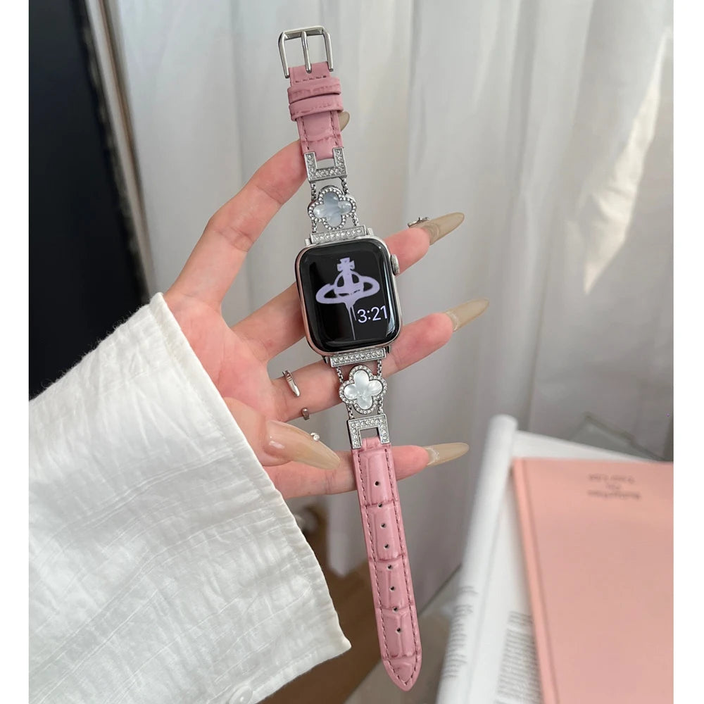 Slim Pink Pattern Leather Band Wrist Strap