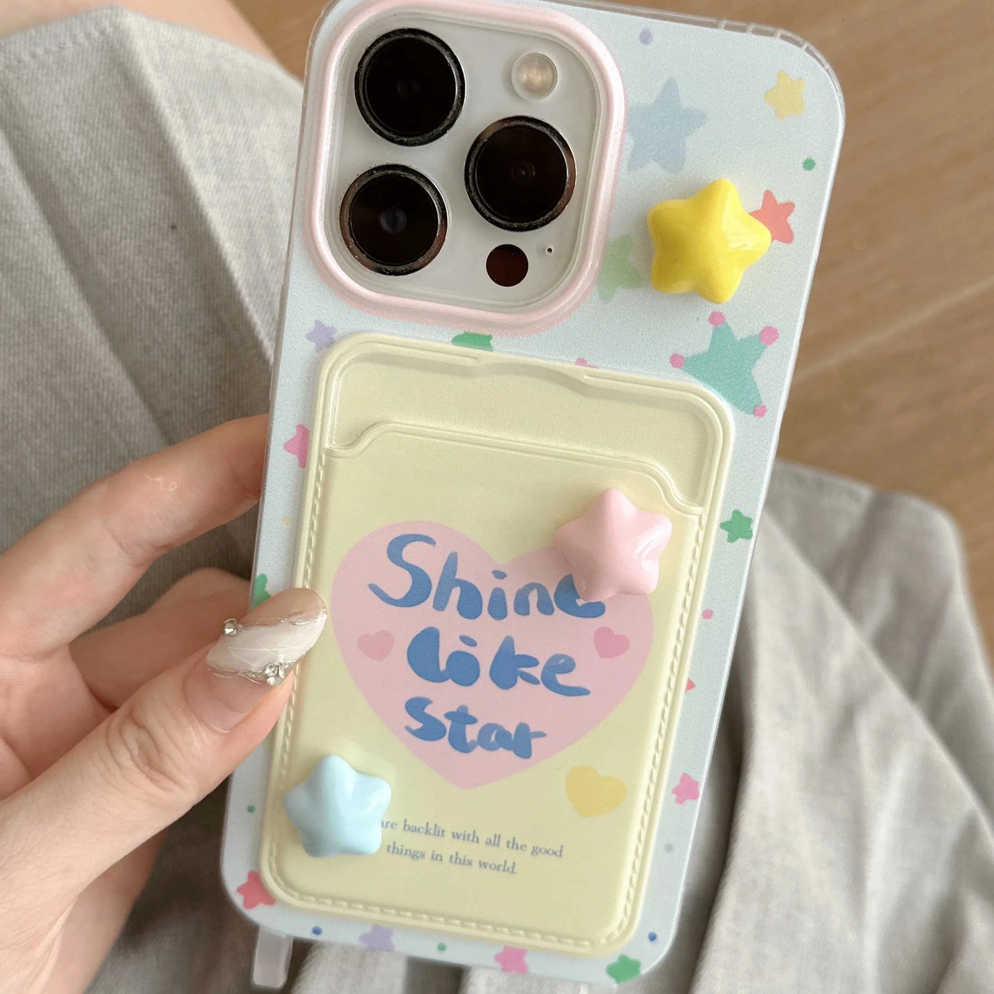 3D colorfulor stars cute phone case card holder pink rope fundas