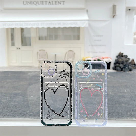 Sweet Heart Card Photo Holder Phone Case Clear Wallet Pocket Couple Bumper
