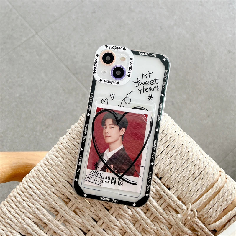 Sweet Heart Card Photo Holder Phone Case Clear Wallet Pocket Couple Bumper