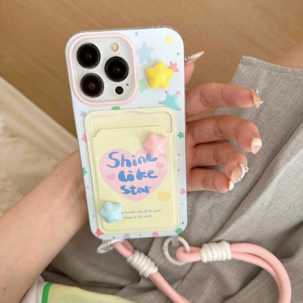 3D colorfulor stars cute phone case card holder pink rope fundas